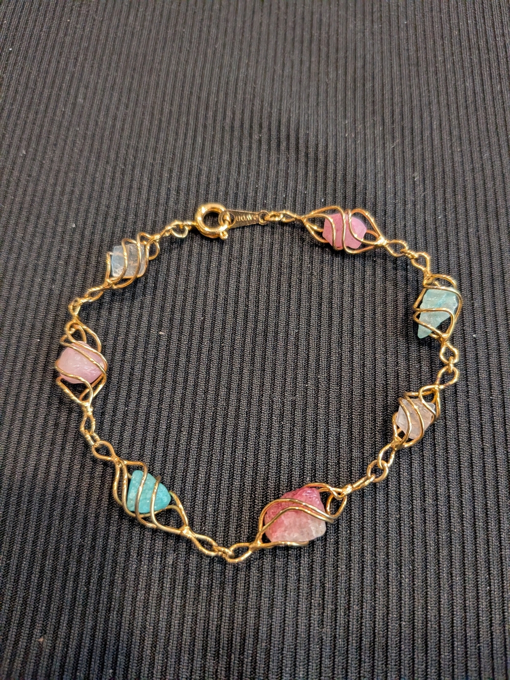Avon Gold Wire-Wrapped Bracelet with Pink and Aqua Stones